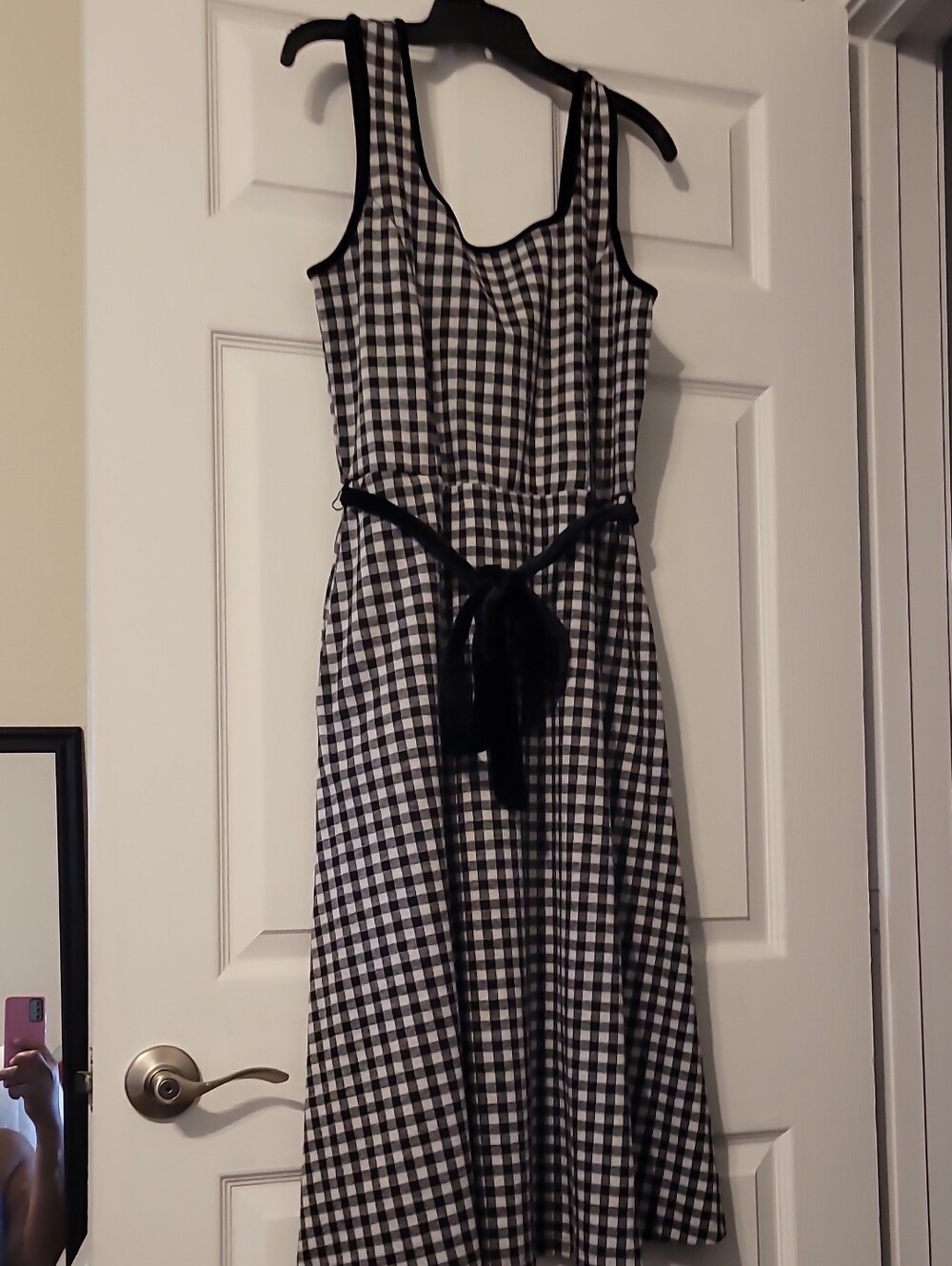 Draper James Black and White Gingham Sleeveless Midi Dress with Waist Tie